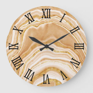 Black Roman Numerals Faux Golden Agate Large Clock