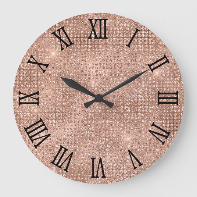 Black Roman Numerals Rose Gold Disco Glitter Large Clock (Front)