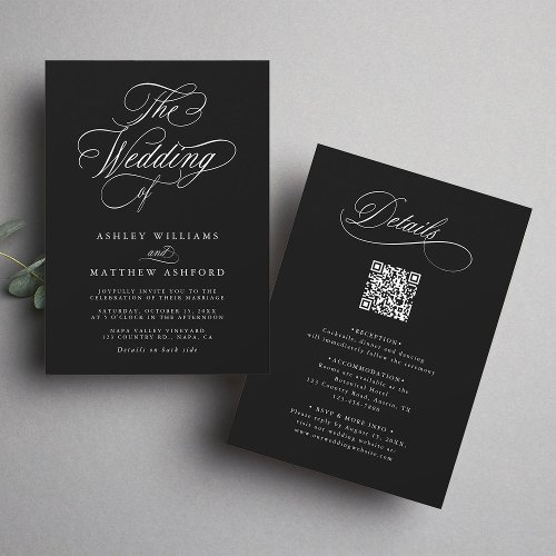 Black Romantic Calligraphy All In One Wedding  Invitation