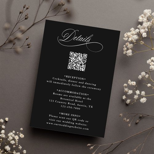 Black Romantic Calligraphy QR Code Wedding Details Enclosure Card
