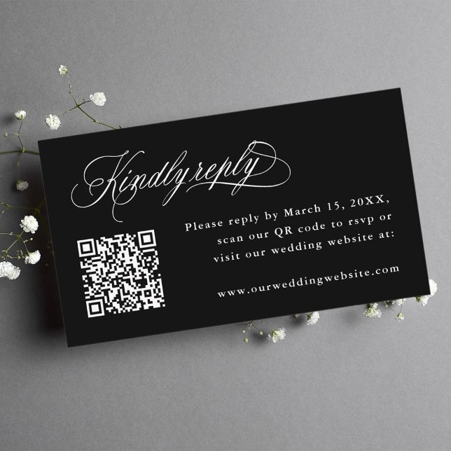 Black Romantic Calligraphy Wedding QR Code RSVP  Enclosure Card (Creator Uploaded)