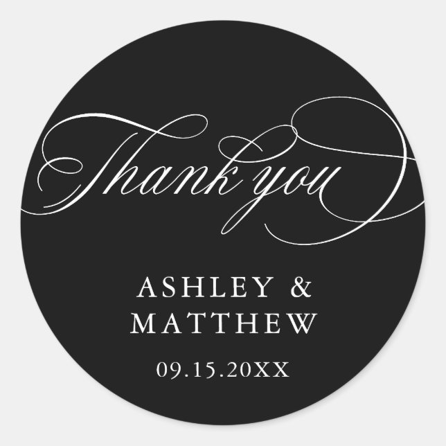 Black Romantic Calligraphy Wedding Thank You Classic Round Sticker (Front)