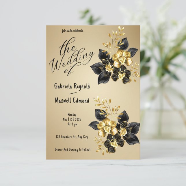 Black Romantic Gold Orchids Floral Wedding Invitation (Standing Front)
