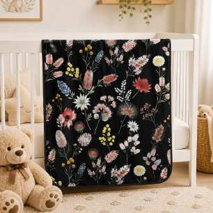 Black Romantic Moody Watercolor Wildflowers Baby Blanket