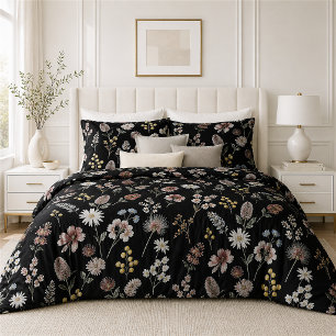 Black Romantic Moody Watercolor Wildflowers Duvet Cover