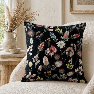 Black Romantic Moody Watercolor Wildflowers Throw Pillow