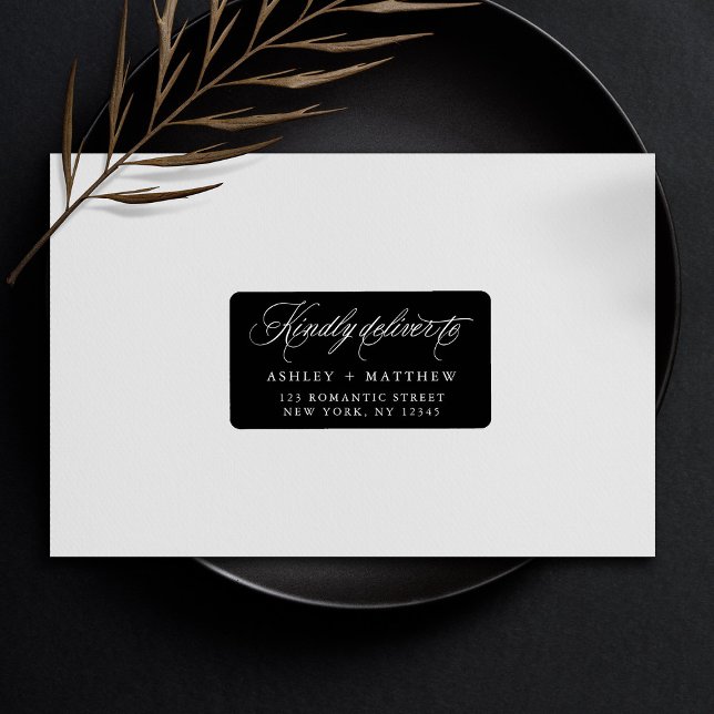 Black Romantic Swirly Calligraphy Return Address Label (Creator Uploaded)