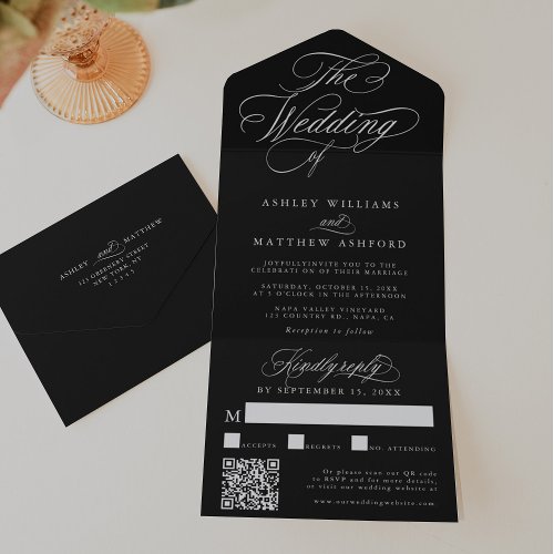 Black Romantic Swirly Calligraphy Wedding All In One Invitation