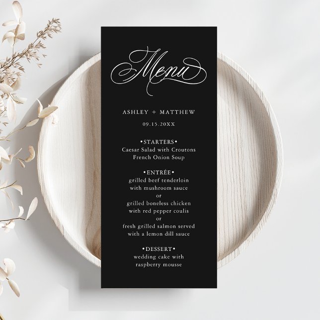 Black Romantic Swirly Calligraphy Wedding Menu (Creator Uploaded)