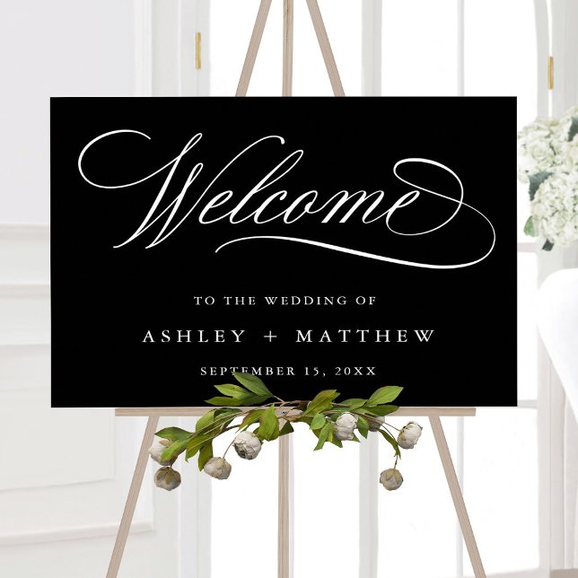 Black Romantic Swirly Calligraphy Wedding Welcome Foam Board (Creator Uploaded)