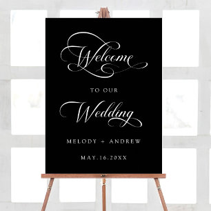 Black Romantic Swirly Script Wedding Welcome Sign