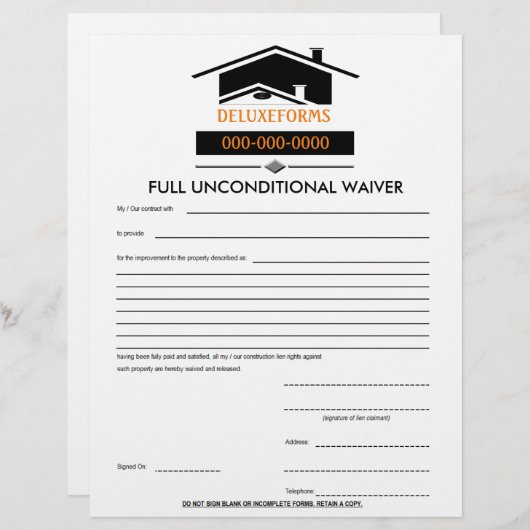 Black Roof Full Unconditional Waiver Form (Front/Back)