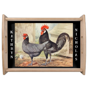 Black  Rooster and Hen Serving Tray