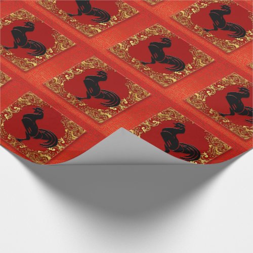 Black Rooster Chinese Zodiac Animal Red and Gold Wrapping Paper