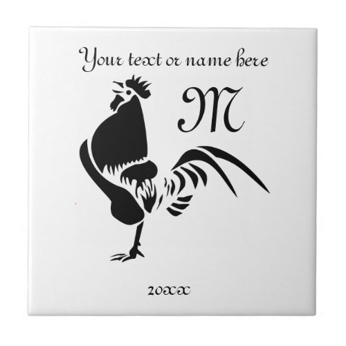 Black Rooster Crowing Silhouette Ceramic Tile