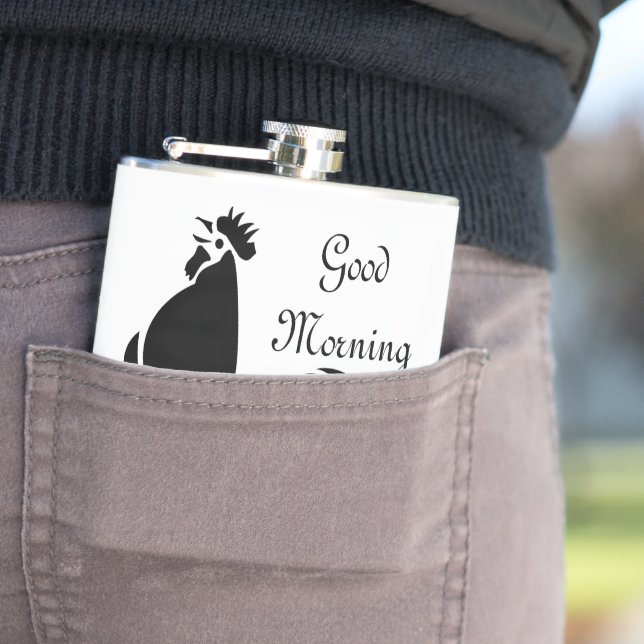 Black Rooster Crowing Silhouette Flask (In Situ)