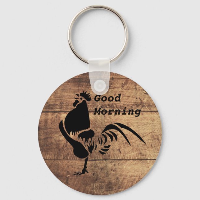 Black Rooster Crowing Silhouette Keychain (Front)