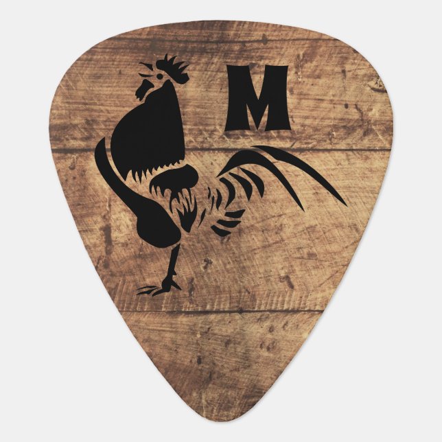 Black Rooster Crowing Silhouette Monogram Guitar Pick (Front)