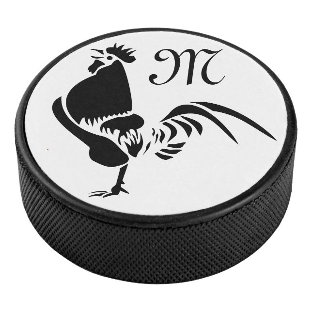Black Rooster Crowing the Good Morning Alarm Hockey Puck (3/4)