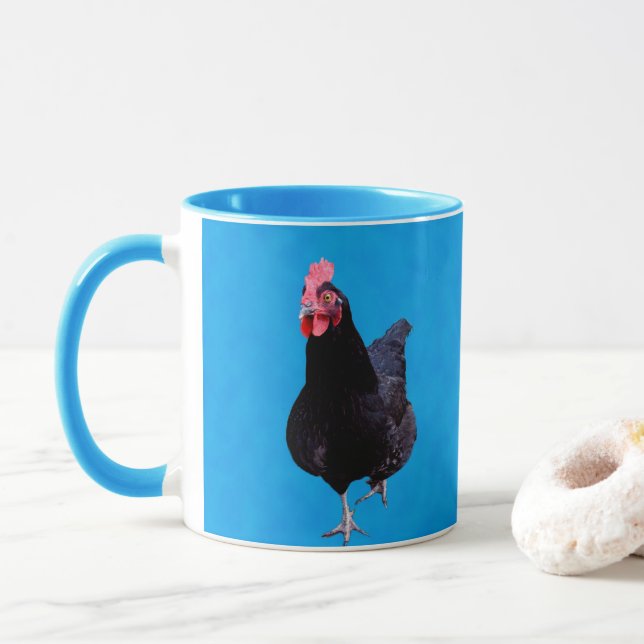 Black Rooster On Blue Background, Mug (With Donut)