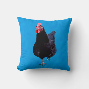 Black Rooster On Blue Background, Throw Pillow