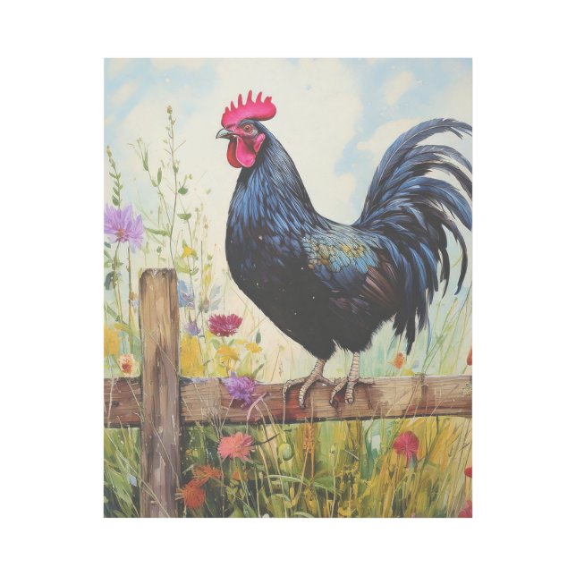 Black Rooster on Fence Rail and Flowers Gallery Wrap (Front)