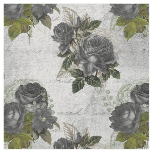 Black Rose and Green Leaves on White Fabric