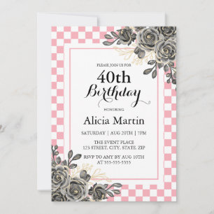 Black Rose Baby Pink & White Checkered Birthday Invitation