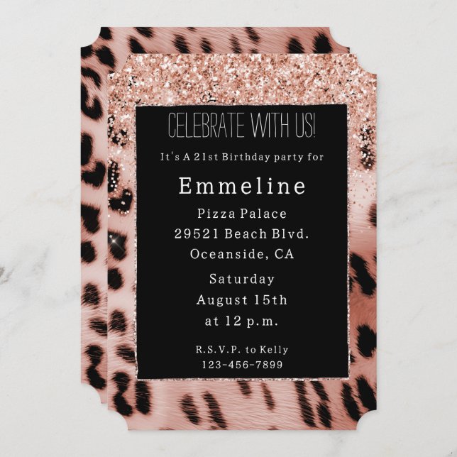 Black Rose Blush Pink Leopard Glitter Invitation (Front/Back)