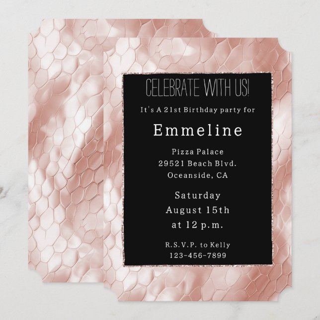 Black Rose Blush Pink Snake Skin Invitation (Front/Back)