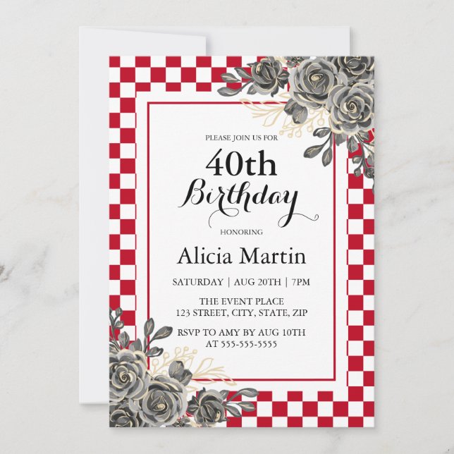 Black Rose Burgundy & White Checkered Birthday  Invitation (Front)
