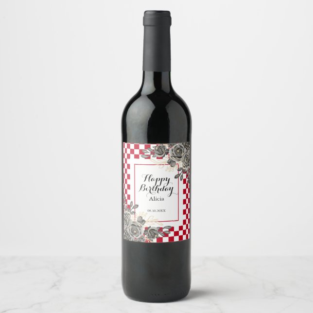 Black Rose Burgundy & White Checkered Birthday Wine Label (Front)