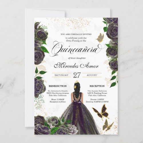 Black Rose Butterfly Mariposa Quinceanera Invitati Invitation