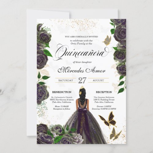 Black Rose Butterfly Mariposa Quinceanera Invitation