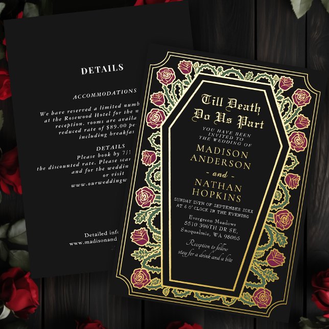 Black Rose Coffin Gothic Wedding All in one Foil Invitation (Creator Uploaded)