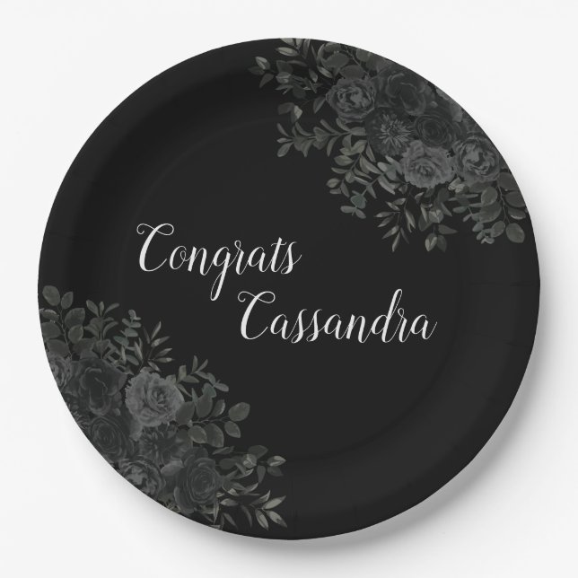 Black Rose Dark Gothic Graduation Party Paper Plates (Front)