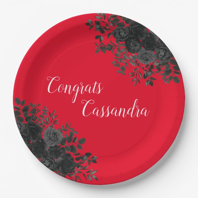 Black Rose Dark Gothic Graduation Party Red Paper Plates (Front)