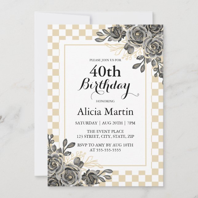 Black Rose Flora Gold & White Checkered Birthday  Invitation (Front)