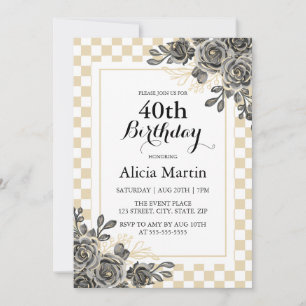 Black Rose Flora Gold & White Checkered Birthday  Invitation