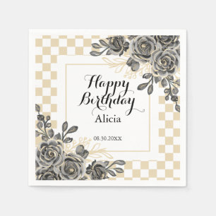 Black Rose Flora Gold & White Checkered Birthday Napkins