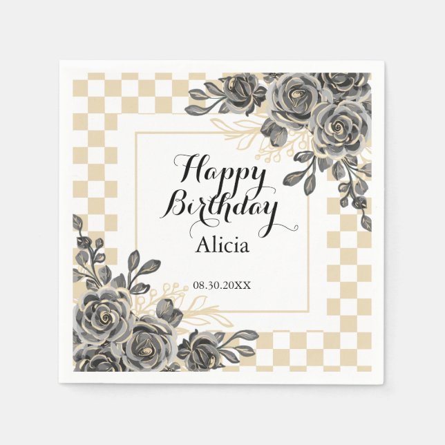 Black Rose Flora Gold & White Checkered Birthday  Napkins (Front)