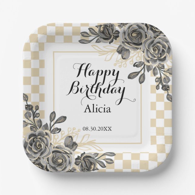 Black Rose Flora Gold & White Checkered Birthday  Paper Plates (Front)