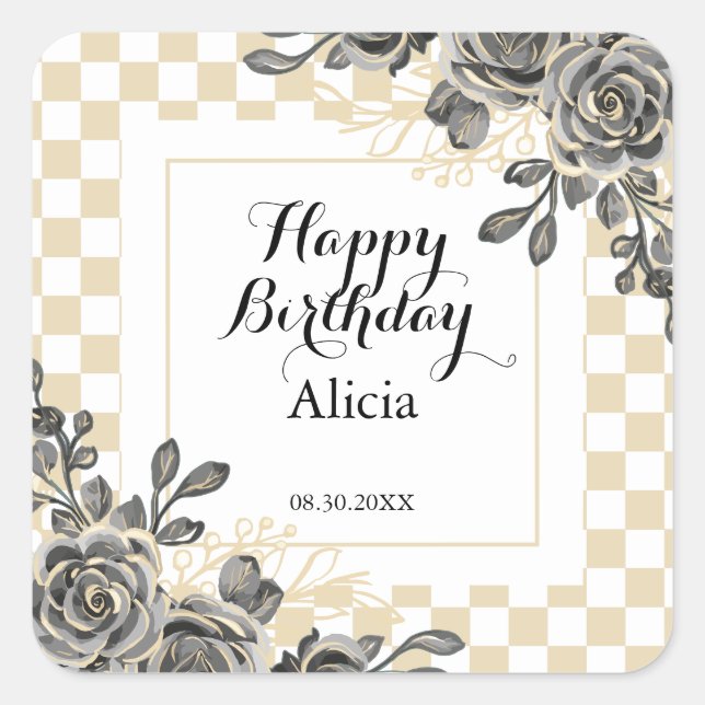 Black Rose Flora Gold & White Checkered Birthday  Square Sticker (Front)