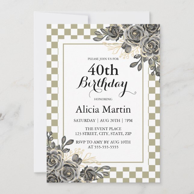 Black Rose Flora Sage & White Checkered Birthday  Invitation (Front)