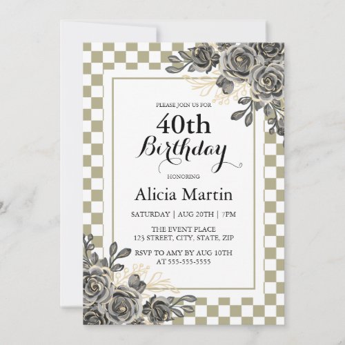 Black Rose Flora Sage  White Checkered Birthday  Invitation
