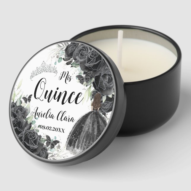 Black Rose Floral Butterflies Princess Quinceanera Mini Candle Favors (Corner)