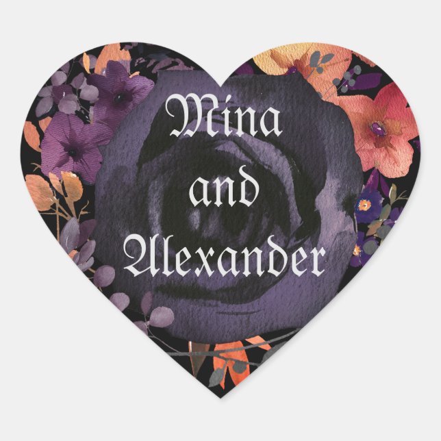 Black Rose Floral Hallowedding Favor Heart Sticker (Front)