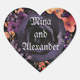 Black Rose Floral Hallowedding Favor Heart Sticker
