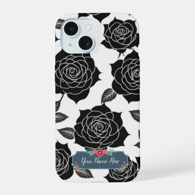 Black Rose Flower Pattern on White Background Iphone Case (Back)