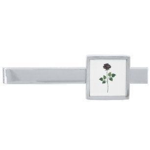 Black rose flower silver finish tie bar
